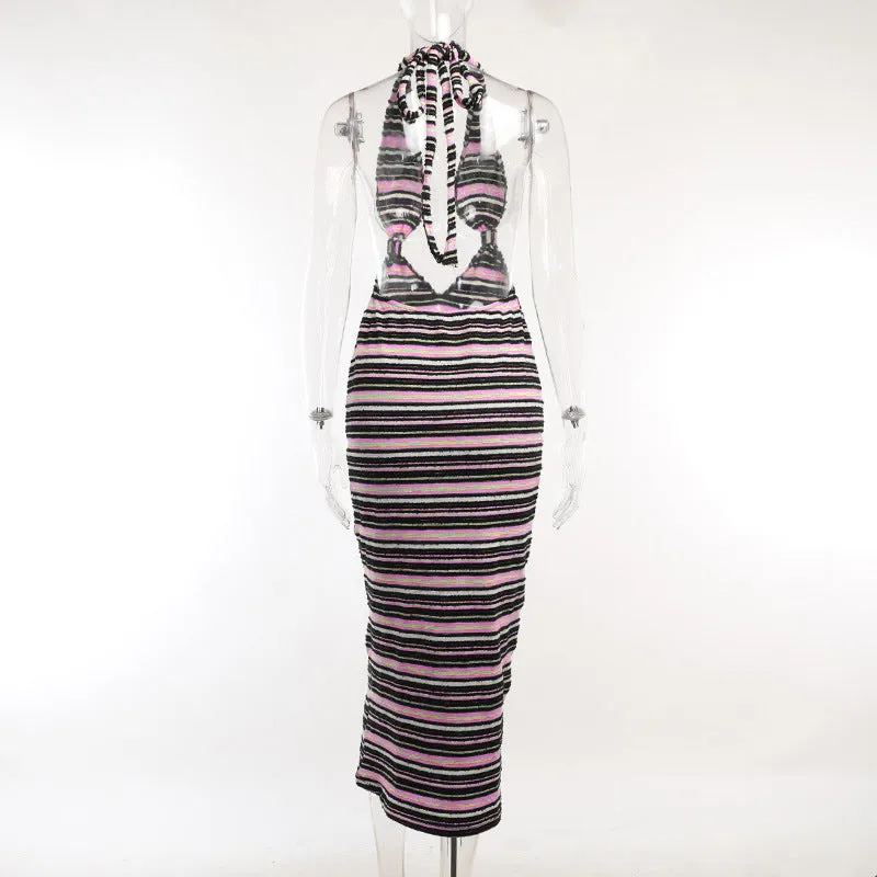 YY23448Autumn New Backless Dress Hot Girl Sexy Slim-Fit Halter Contrast Color Striped Low-Cut Dress for Women