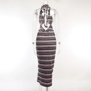 YY23448Autumn New Backless Dress Hot Girl Sexy Slim-Fit Halter Contrast Color Striped Low-Cut Dress for Women
