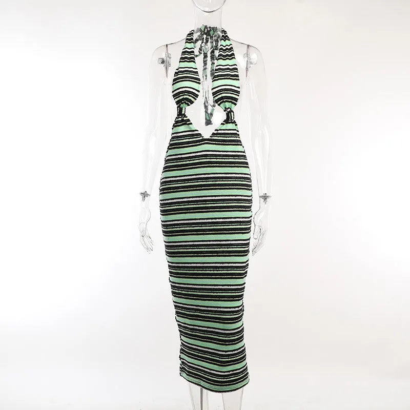 YY23448Autumn New Backless Dress Hot Girl Sexy Slim-Fit Halter Contrast Color Striped Low-Cut Dress for Women